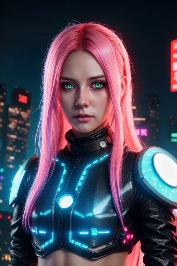 Ultra-Realistic Cyberpunk Female Character with Long Pink Hair and Glowing Green Eyes Wearing Futuristic Neon-Embellished Armor Against a Vibrant Nighttime Cityscape with Bright Red and Blue Neon Lighting for Sci-Fi Art Enthusiasts