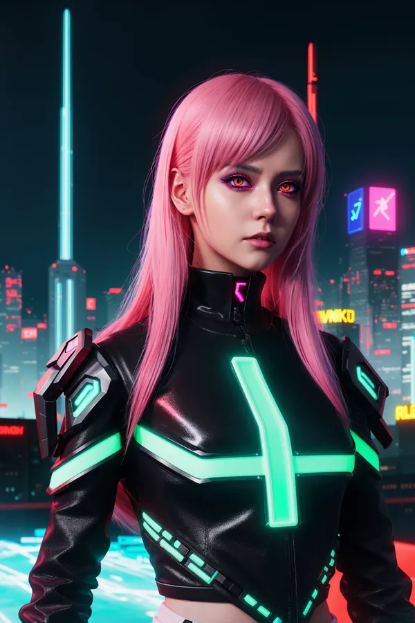 Cyberpunk Female Character with Long Pink Hair and Glowing Neon-Accented Black Tech Armor Standing Against Futuristic Neon-Lit Cityscape at Night for Sci-Fi Fashion and Digital Art Enthusiasts