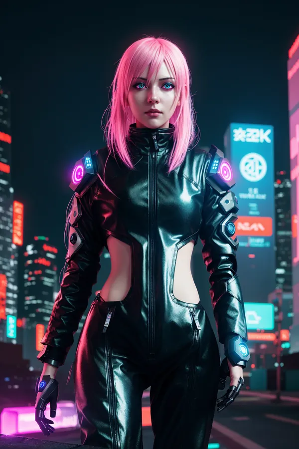 Cyberpunk Female Character with Pink Hair in Neon-Lit Futuristic Cityscape, High-Tech Black Leather Outfit, Confident Stance and Glowing Tech Elements at Night