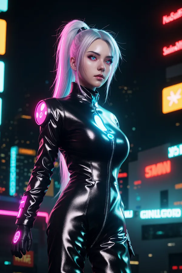 Cyberpunk Female Character with Silver High Ponytail and Neon-Enhanced Black Leather Bodysuit in Futuristic Neon-Lit Cityscape at Night, Confident Mood with Pink and Blue Lighting Accents