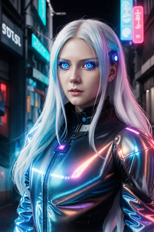 Cyberpunk Futuristic Woman with Glowing Blue Eyes and Cybernetic Gear in Neon-Lit Rainy City Street at Night, Detailed AI-Generated Sci-Fi Character Portrait