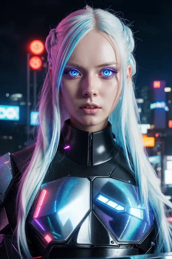 Cyberpunk Futuristic Woman with Platinum and Blue Highlighted Hair, Glowing Neon Blue Eyes, and Tech-Enhanced Armor in Vibrant Neon Cityscape at Night