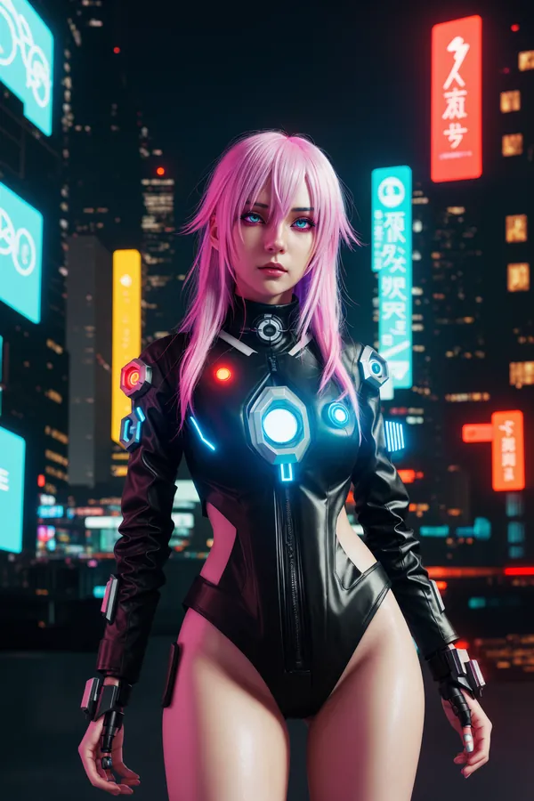 Cyberpunk Pink-Haired Female Character in Futuristic Cybernetic Bodysuit Standing Against Vibrant Neon-Lit Cityscape with Asian Signage and Nighttime Lighting Creating Edgy, Confident Mood