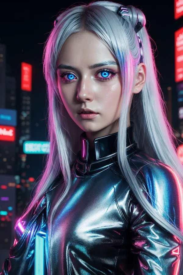 Cyberpunk Woman with Neon Blue Cybernetic Eyes and Long Silver Hair in a Vibrant Futuristic Cityscape, Wearing Shiny Metallic Outfit Reflecting Pink and Blue Neon Lights, Intense Sci-Fi Mood