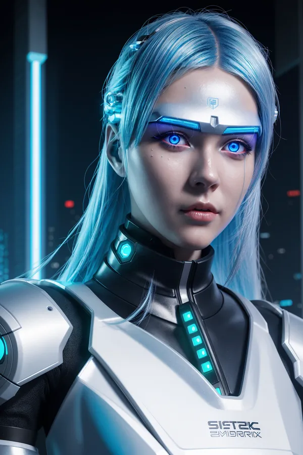 Futuristic Cybernetic Female Character with Blue Hair and Neon HUD Helmet in Advanced Cityscape, Sleek Tech Armor, and Cool Blue Lighting Conveying a Serious Sci-Fi Mood