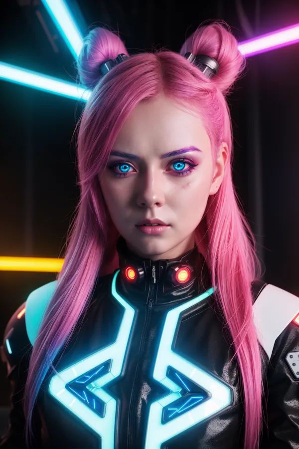 Futuristic Cyberpunk Character with Neon Lighting and Pink Hair: Glowing Blue Eyes, Cybernetic Head Accessories, High-Tech Glow-Illuminated Jacket, and Intense Futuristic Mood in a Dark Neon-Lit Background