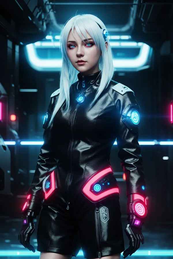 Futuristic Cyberpunk Female Character in Neon-Lit Corridor with Glowing Tech Suit, Long White Hair, and Confident Stance Amidst Neon Blue and Pink Lighting