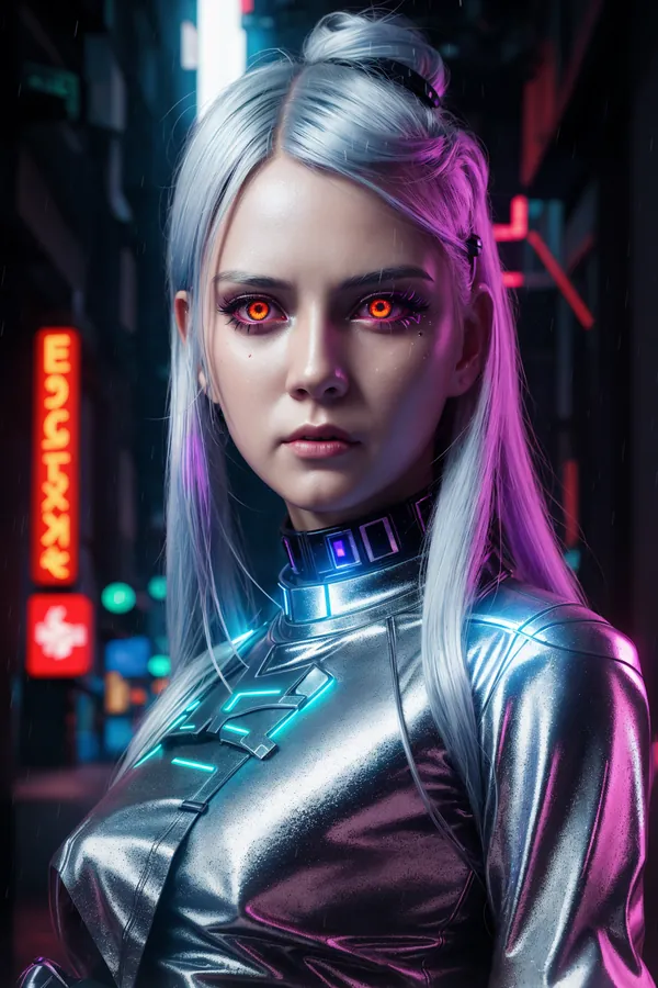 Futuristic Cyberpunk Female Character with Silver Hair and Glowing Red Eyes Wearing a Neon-Lit Cybernetic Suit in a Rainy Neon-Lit Cityscape at Night