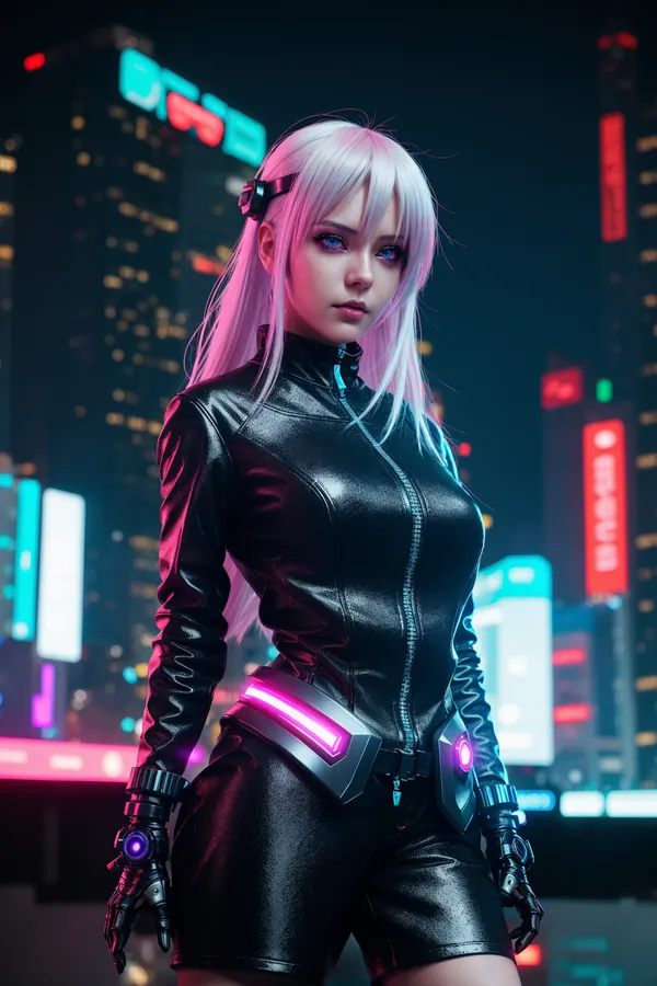Futuristic Cyberpunk Female Character with Silver Hair, Glowing Cybernetic Accessories, and Sleek Black Leather Outfit Standing Confidently in Neon-Lit Night Cityscape with Cinematic Lighting