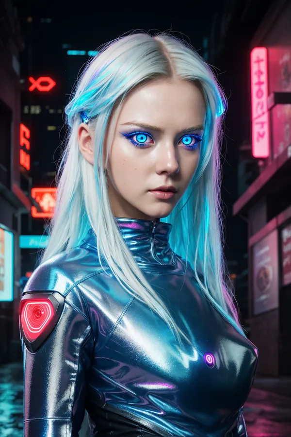 Futuristic Cyberpunk Woman with Neon Blue Eyes and Silver Hair Standing in a Vibrant Neon-Lit Alley with Japanese Signage, Wearing a Metallic High-Neck Suit Under Vibrant Cyberpunk Lighting, Confident and Bold Mood