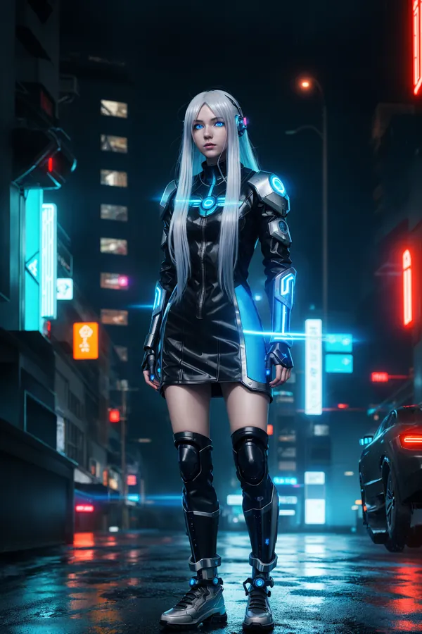 Neon-Lit Cyberpunk Female Character with Long Silver Hair in High-Tech Black Blue Tech Suit Standing Confidently on Rainy Urban Street with Wet Pavement and Futuristic City Lights