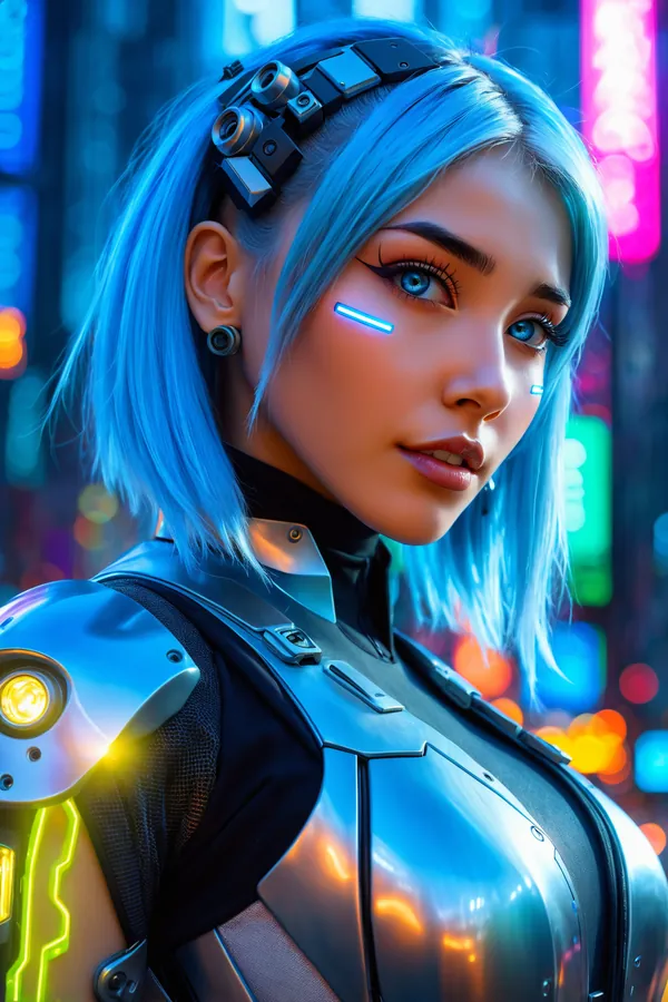 Stunning Cyberpunk Futuristic Character with Blue Hair, Neon Cityscape Background, Glowing Cybernetic Enhancements, and Vibrant Nighttime Lighting