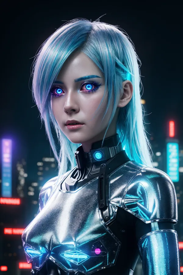 Ultra-Realistic Cyberpunk AI Character with Glowing Blue Hair, Neon Cityscape Background, and Futuristic Metallic Armor in High-Contrast Lighting