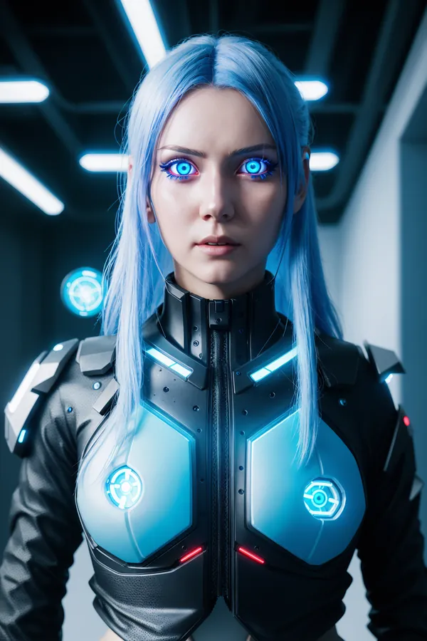 Blue-Haired Cyberpunk Female Character in High-Tech Armor with Neon-Lit Chest Panels and Glowing Eyes in a Futuristic Sci-Fi Corridor with Neon Lighting
