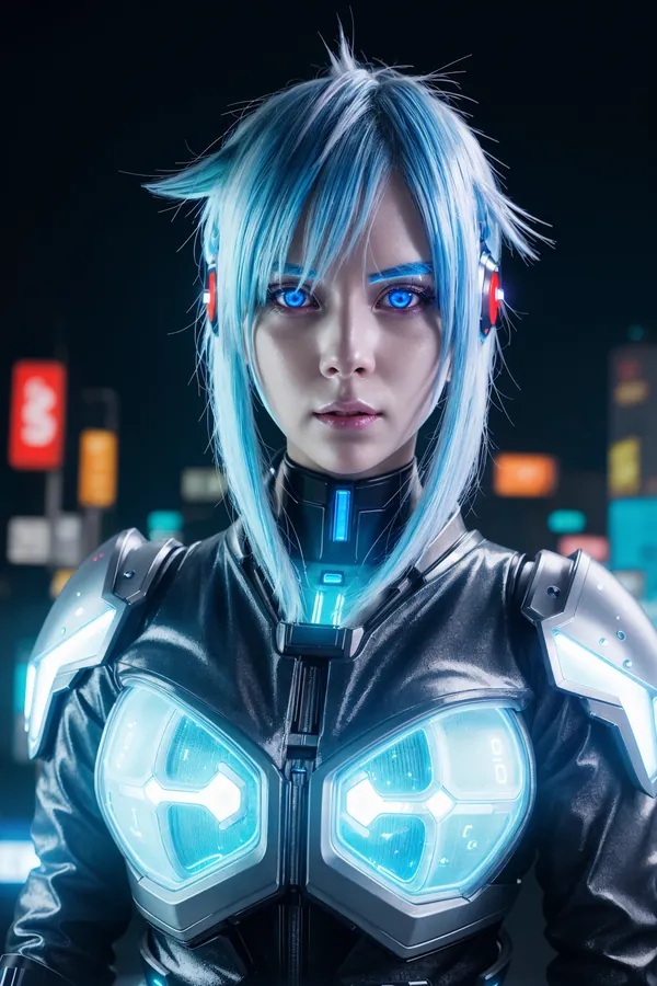 Cyberpunk Futuristic Woman with Neon Blue Hair, Glowing Tech Armor, and Dramatic Neon Lighting in a Vibrant City Night Scene with Confident Mood
