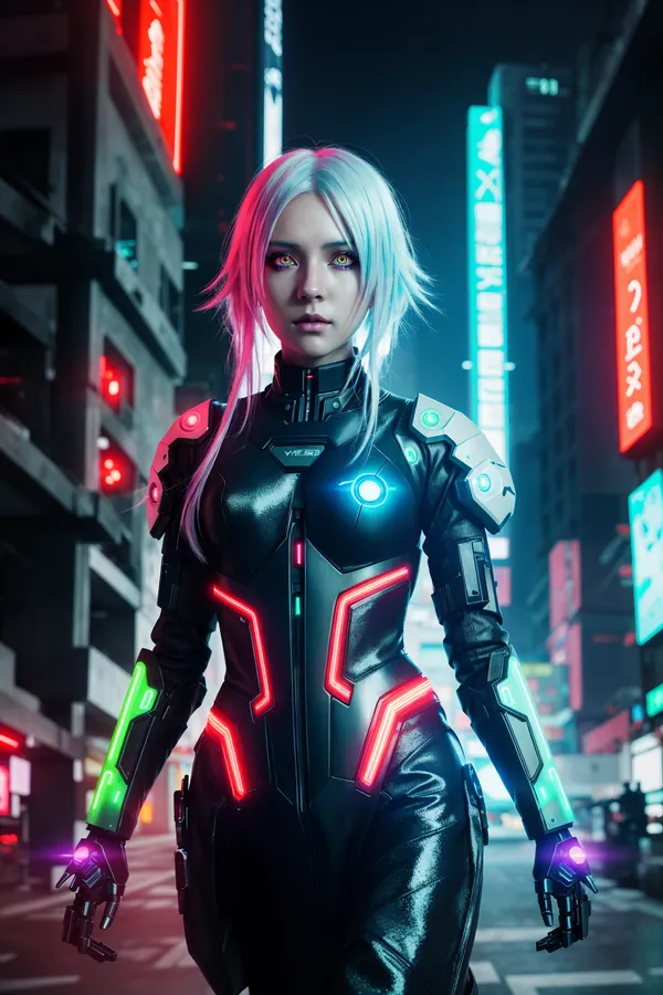 Cyberpunk Futuristic Woman with Silver-Blonde Hair, High-Tech Glowing Red and Blue Neon Accents on Full-Body Armor, Cybernetic Arms with Purple Lights, Standing in a Neon-Lit Cityscape at Night with Intense Yellow Eyes