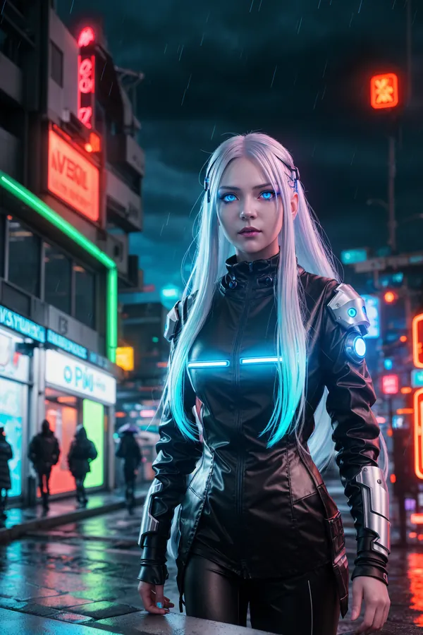 Cyberpunk Neon-Glowing Woman with Silver Hair and Tech Armor Standing in Rainy Neon-Lit City Street at Night, Futuristic Urban Landscape with Reflective Wet Pavement and Glowing Billboards