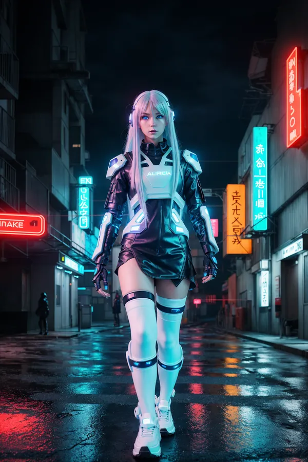 Cyberpunk Neon Noir: Futuristic Female Character in Sleek Black and White AURORA Costume Walking Through Rainy Neon-Lit Alley with Vibrant RGB Lighting