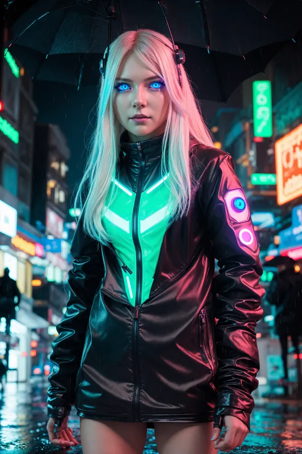 Cyberpunk Woman with Glowing Blue Eyes Holding Umbrella in Rainy Neon-Lit City Street, Futuristic Black Jacket with LED Accents and Long Blonde Hair