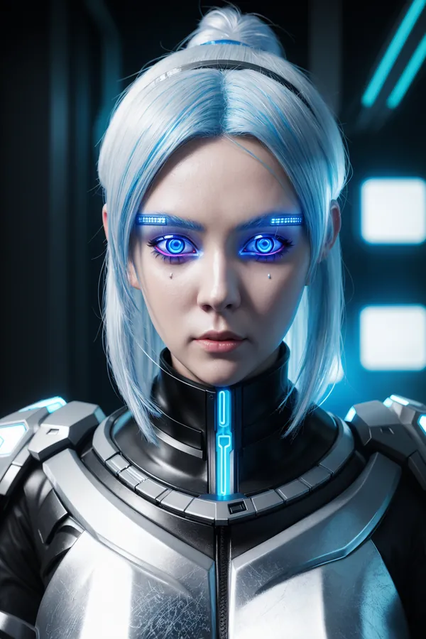 Futuristic Cyberpunk Character with Glowing Blue Eyes and Silver Hair in Neon-Lit Tech Environment: A Digital Art Portrait with Intense Mood and High-Tech Armor Details