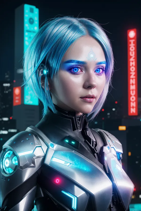 Futuristic Cyberpunk Female Character with Glowing Blue Eyes, Neon Tech Armor, and Short Silver Hair Standing in a Vibrant Neon Cityscape at Night