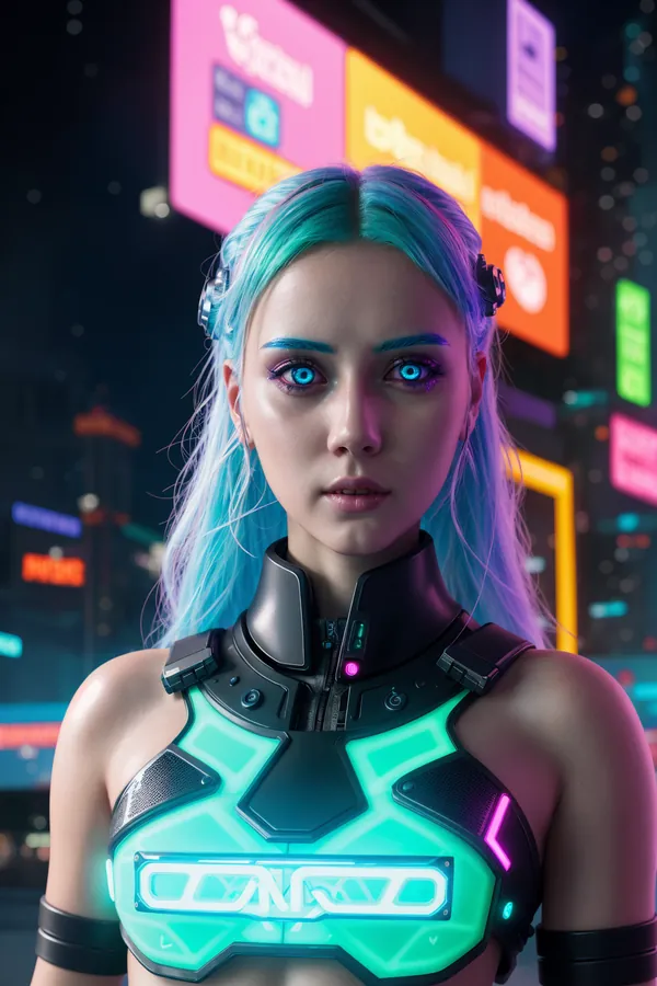 Futuristic Cyberpunk Woman with Glowing Neon Chest Armor, Electric Blue Hair, Cybernetic Eyewear, and Advanced Tech Accessories in a Vibrant Neon Cityscape at Night, Capturing High-Tech Mood and Dynamic Lighting