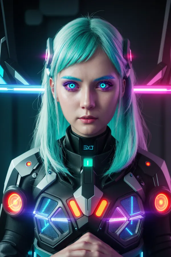 Highly Detailed Cyberpunk Female Character with Teal Hair, Neon-Lit Cybernetic Armor, Glowing Blue Eyes, and Advanced Tactical Gear in a Futuristic Sci-Fi Environment with Vibrant LED Lighting and Confident Mood