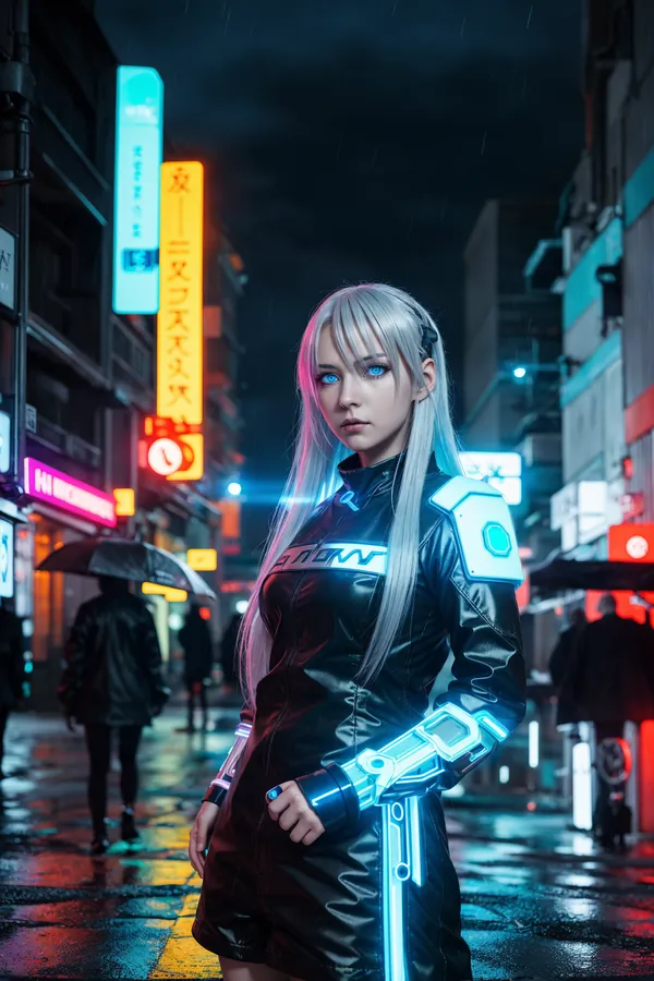 Silver-Haired Cyberpunk Cosplayer in High-Tech Neon-Embroidered Jacket and Arm Gear Standing Amidst Rainy Neon-Lit Japanese City Street with Glowing Signs, Nighttime Urban Fantasy Scene