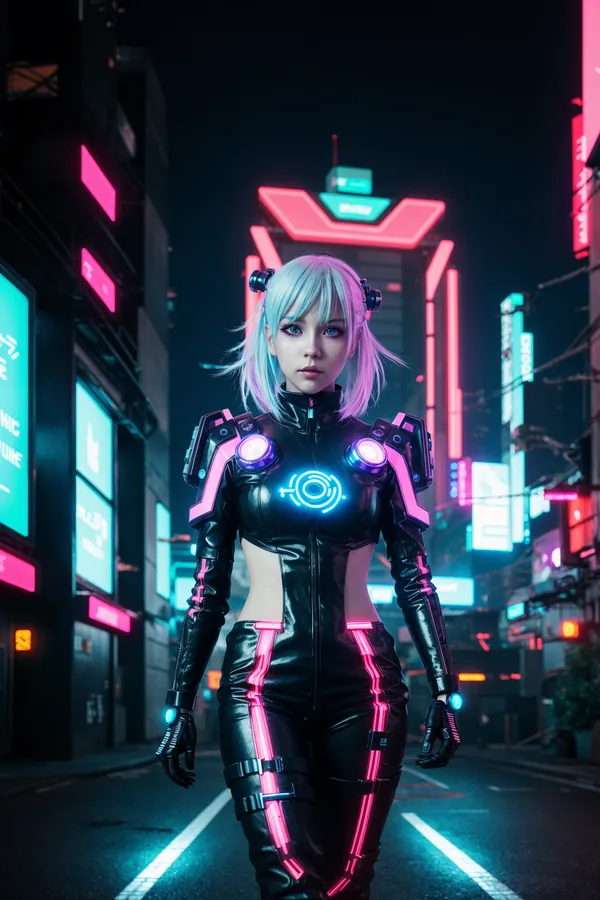 Cyberpunk Cosplay Art: Futuristic Female Character in Neon-Lit City Street with Black Bodysuit, Pink and Blue Glow Accents, Short Platinum Hair, and High-Tech Headgear