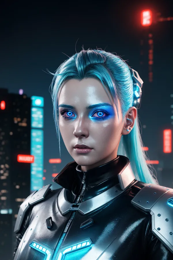 Cyberpunk Futuristic Female Character with Cyan Hair, Neon Cityscape Background, Cybernetic Implants, and High-Tech Armor in Cool Blue Lighting with Futuristic Mood
