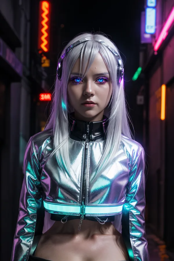 Cyberpunk Neon Alley Woman Wearing Shiny Silver Crop Jacket with Glowing Eyes, Headphones, and Futuristic Makeup in Dark Urban Cityscape Lighting