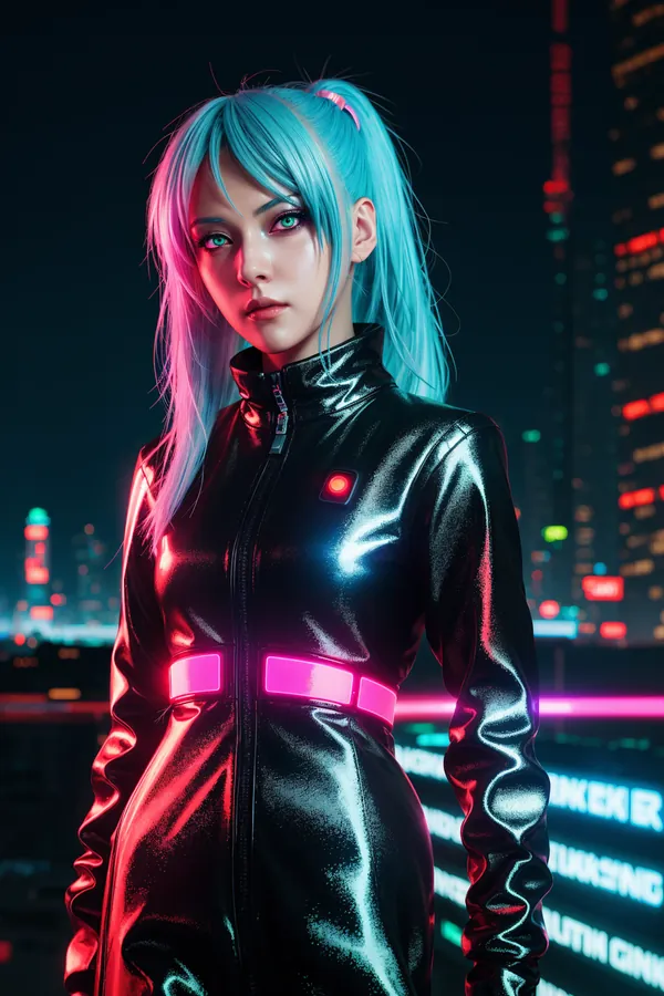 Cyberpunk Woman in Futuristic Cityscape with Neon-Lit Black Metallic Outfit, Blue Hair, and Glowing Pink-Red Accents at Night
