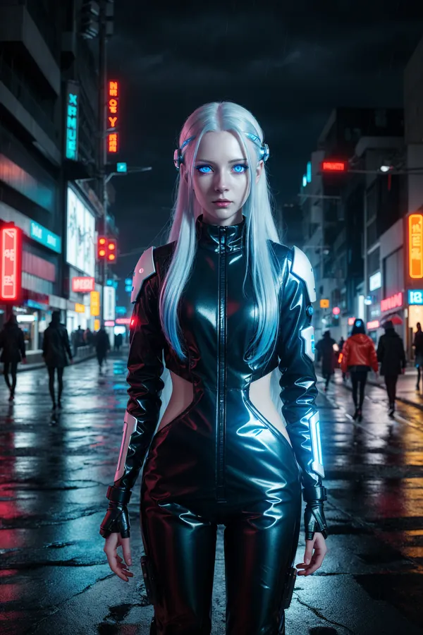 Cyberpunk Woman with Glowing Blue Eyes and Silver Hair Standing in Rainy Neon-Lit City Street at Night, Futuristic Sci-Fi Atmosphere with Reflective Wet Pavement and Neon Signage