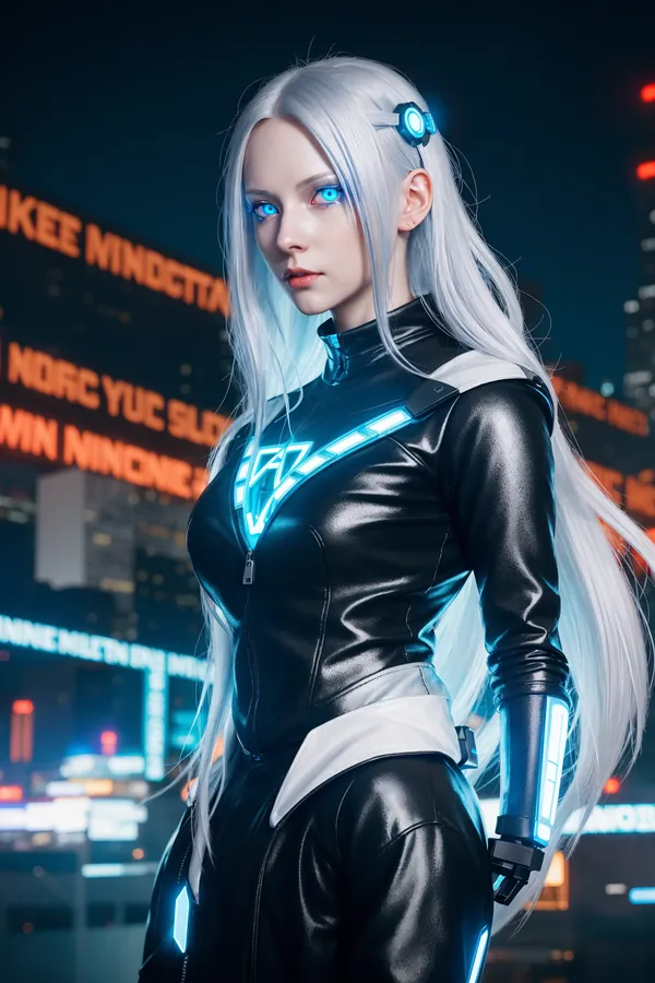 Cyberpunk Woman with Silver Hair and Neon Cybernetic Suit Standing in Futuristic Neon-Lit Cityscape at Night