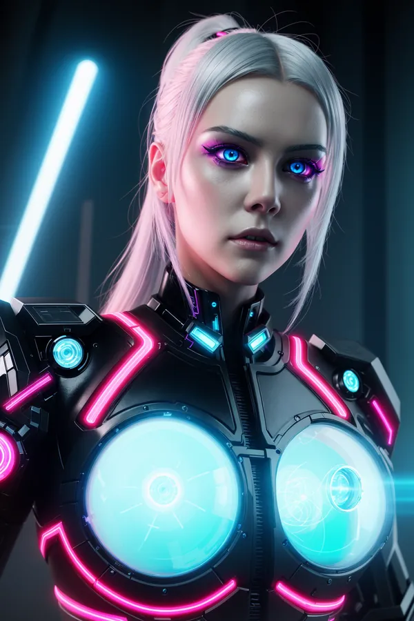 Futuristic Cybernetic Female Character with Neon-Lit Armor, Silver Hair, and Glowing Blue Eyes in a Dark Sci-Fi Environment with Neon Lighting Effects