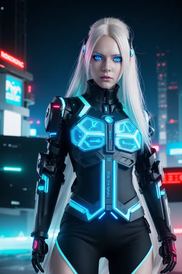 Futuristic Cybernetic Woman with Long White Hair and Blue Glowing Eyes Wearing Advanced Neon-Lit Cyberpunk Tech Armor Suit in a Neon Cityscape with Red and Blue Lighting, Creating an Intense and Confident Mood