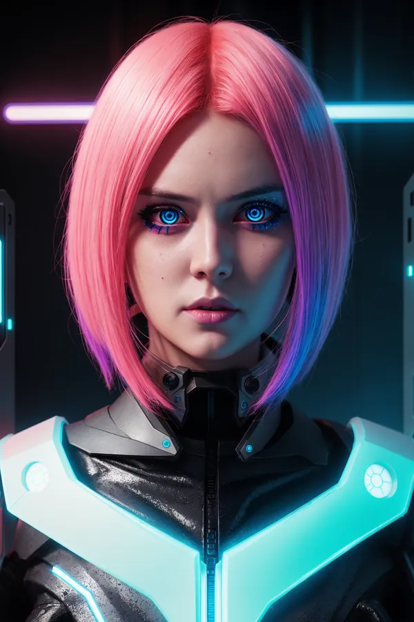 Futuristic Cyberpunk Character with Neon Pink Hair, Glowing Blue Cybernetic Eyes, and High-Tech Sci-Fi Armor in a Neon-Lit Digital Environment with Vibrant Lighting and Futuristic Mood