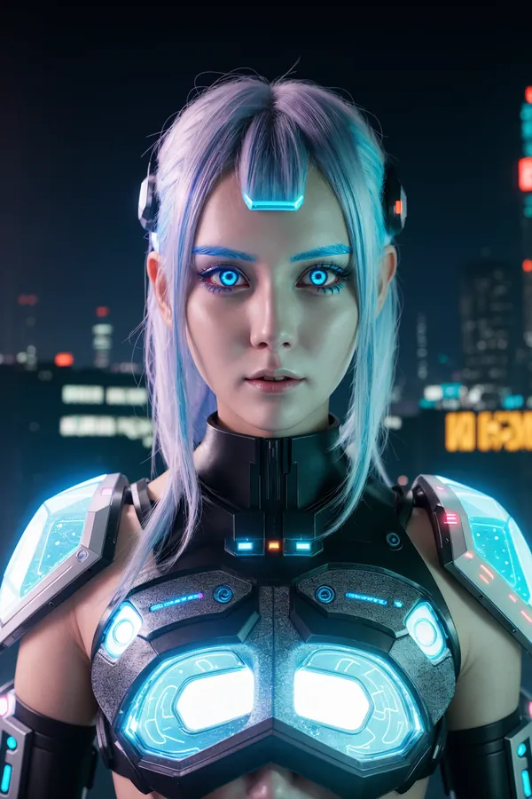 Futuristic Cyberpunk Female Character with Neon-Lit Cybernetic Armor, Glowing Blue Eyes, and Purple Hair Standing Against a Vibrant Cityscape at Night