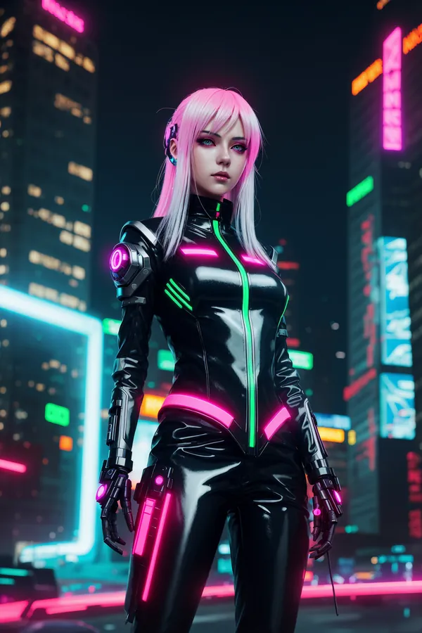 Futuristic Cyberpunk Female Character with Neon-Lit Cybernetic Suit Standing in Vibrant Neon City at Night: Pink Hair, Glowing Accessories, and Urban Sci-Fi Atmosphere