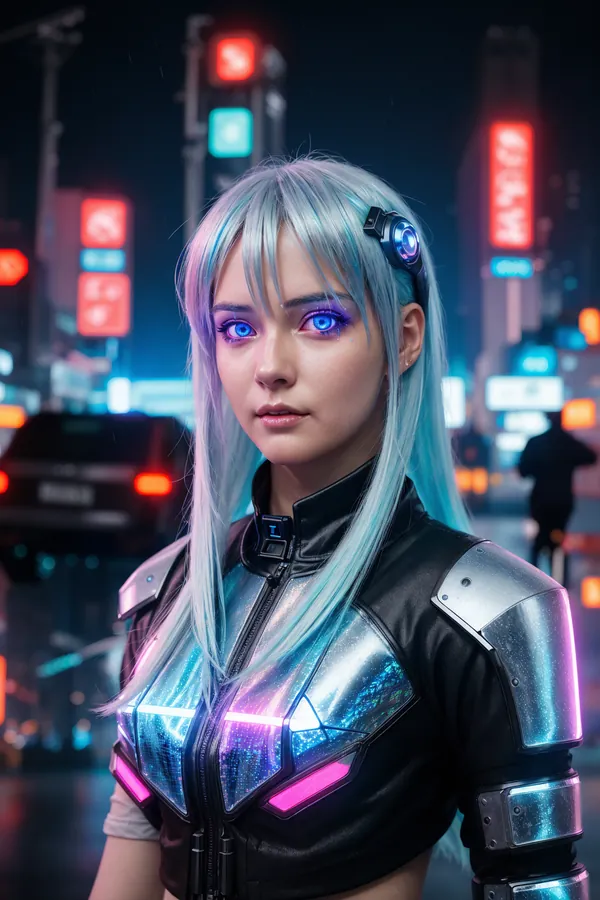 Futuristic Cyberpunk Woman with Glowing Blue Eyes and Neon-Infused Armor Standing in a Vibrant Neon-Lit City Night Scene with Holographic Lights and Rain-Slicked Streets
