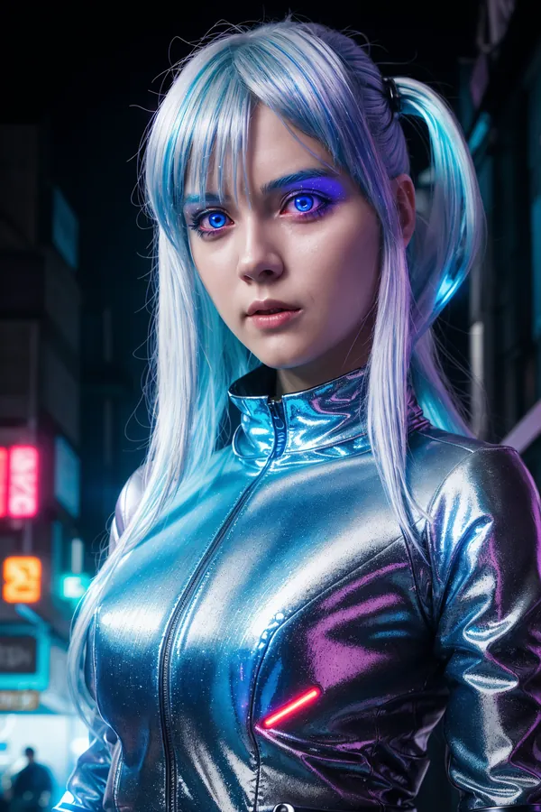Futuristic Cyberpunk Woman with Glowing Blue Eyes, Light Blue Hair in Pigtails, and Metallic Neon-Lit Outfit Standing on a Vibrant Neon City Street at Night, Sci-Fi Digital Art Render with Intense Mood and Vibrant Neon Lighting