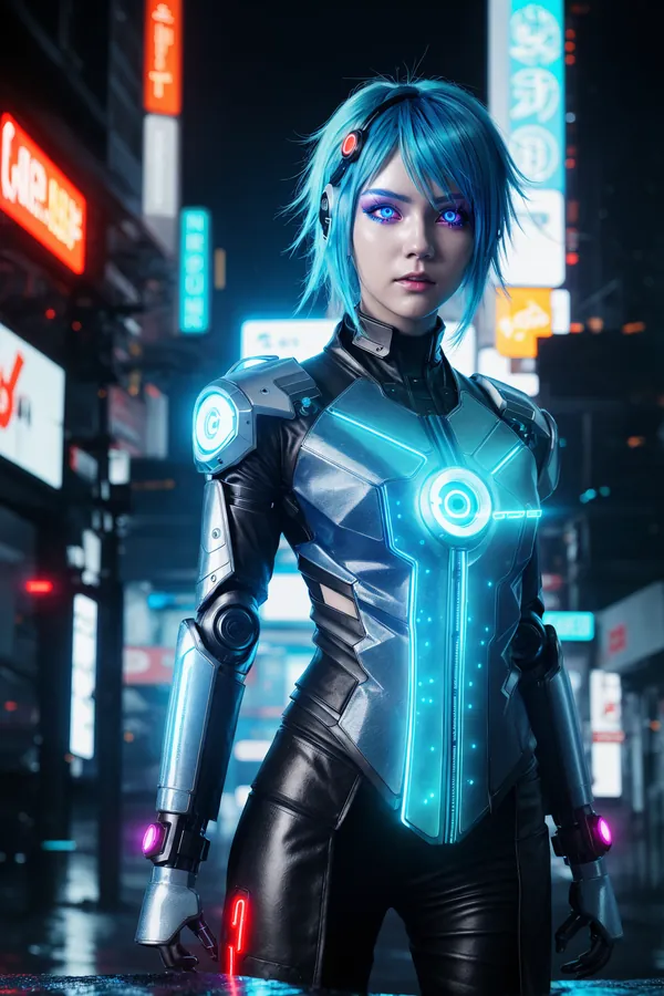 Futuristic Cyberpunk Woman with Glowing Blue Hair and Neon-Infused Cybernetic Armor Standing in a Vibrant Neon-Lit City Street at Night