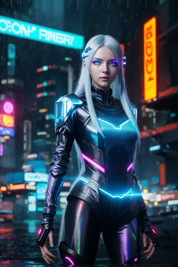 Futuristic Cyberpunk Woman with Neon-Lit Armor Standing in Rainy Neon Cityscape, Long Silver Hair and Advanced Tech Wear in Vibrant Urban Nighttime Scene