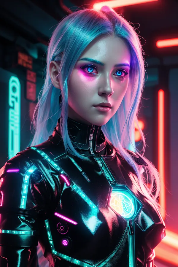 Neon-Lit Cyberpunk Female Character in Futuristic High-Tech Armor with Glowing Cyan and Pink Neon Lights, Industrial Cityscape Background, Intense Futuristic Mood, Detailed Sci-Fi Fashion and Lighting Design