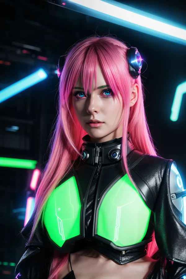 Cyberpunk Cosplay Character with Long Vibrant Pink Hair, Neon-Lit Green Armor Chest Plates, Futuristic Black Leather Outfit in Dark Neon-Lit Environment with Blue and Green Lighting, Sci-Fi Mood, Detailed Character Design