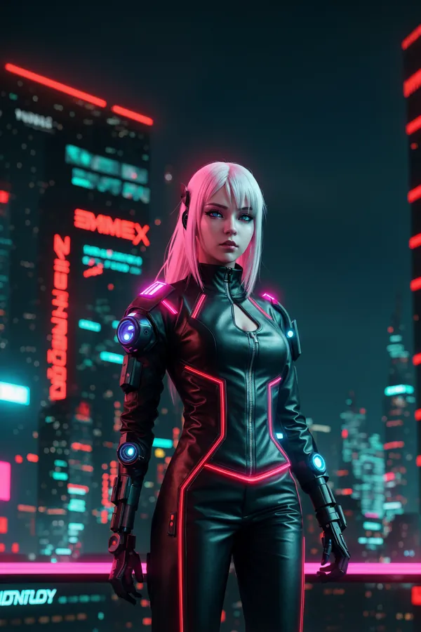 Cyberpunk Female Character in Neon-Lit Futuristic Cityscape Wearing High-Tech Black Suit with Pink Blue Glow Accents