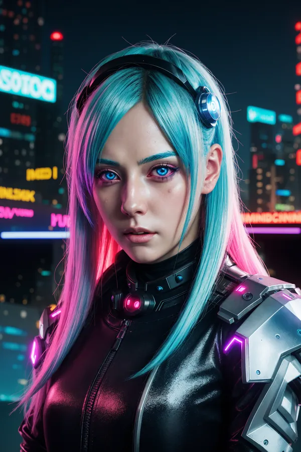 Cyberpunk Female Character with Neon Blue and Pink Hair, Futuristic Black Leather Armor with Neon Accents, Headset Device, and Vibrant Cityscape Background at Night Featuring Neon Lighting and Confident Mood