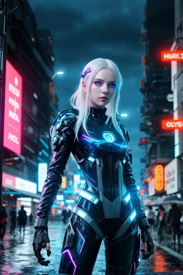 Cyberpunk Female Character with Neon-Lit Armor Standing in Rainy City Street Amidst Glowing Neon Signs and Futuristic Urban Atmosphere
