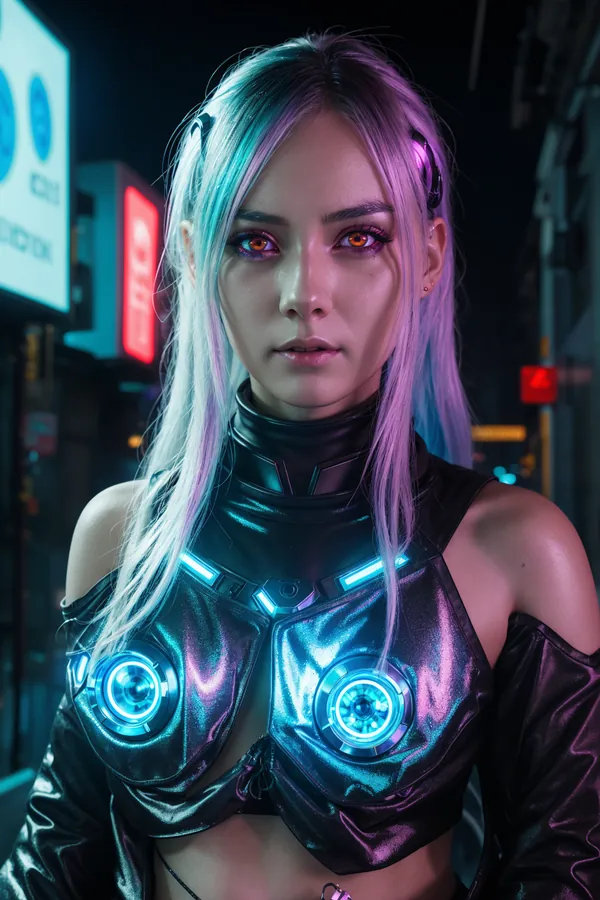 Cyberpunk Neon-Lit Futuristic Character with Glowing Tech Armor, Multicolored Hair, and Neon Sign Background in Dark Urban Night Scene