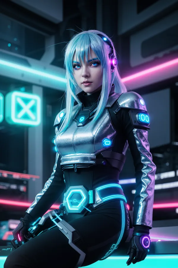 Dynamic Cyberpunk Female Character with Icy Blue Hair, Metallic Armored Suit, and Neon Lighting in a Futuristic Cityscape Environment